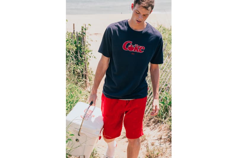 KITH Coca Cola Capsule Collection Lookbook red hoodie blue swim trunks Converse Chuck Taylor red surfboard