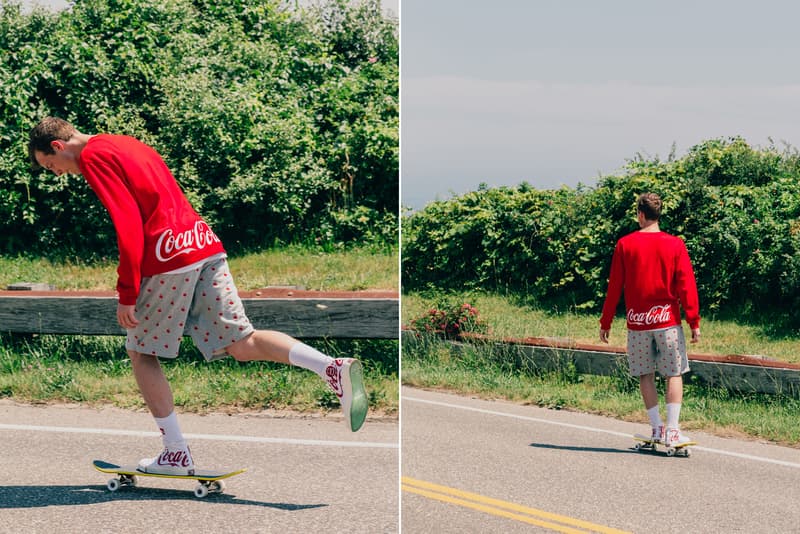 KITH Coca Cola Capsule Collection Lookbook red hoodie blue swim trunks Converse Chuck Taylor red surfboard