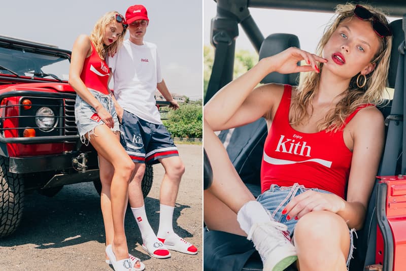 KITH Coca Cola Capsule Collection Lookbook red hoodie blue swim trunks Converse Chuck Taylor red surfboard