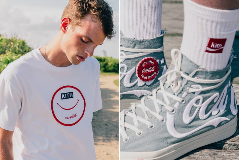 KITH Coca Cola Capsule Collection Lookbook red hoodie blue swim trunks Converse Chuck Taylor red surfboard