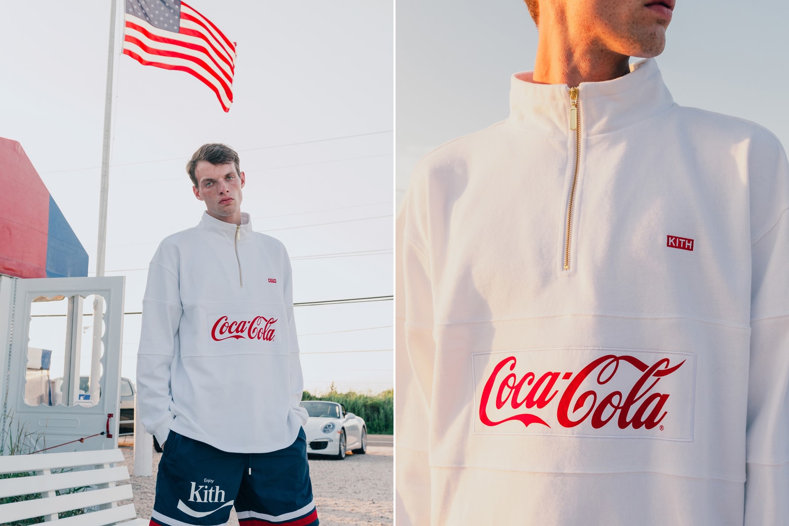 KITH Coca Cola Capsule Collection Lookbook red hoodie blue swim trunks Converse Chuck Taylor red surfboard