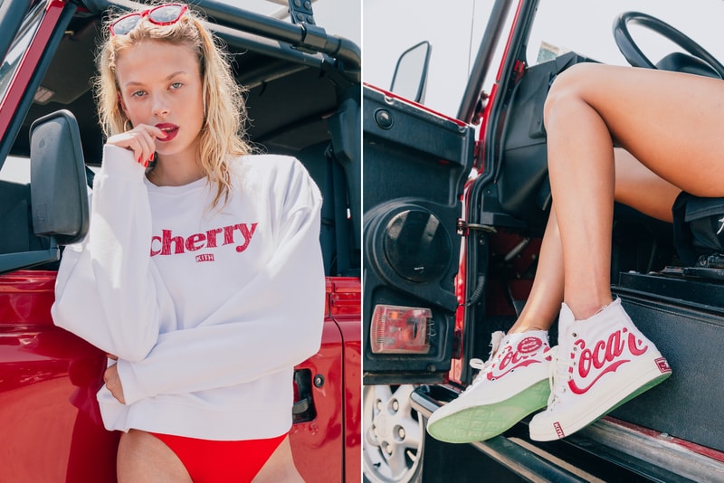 KITH Coca Cola Capsule Collection Lookbook red hoodie blue swim trunks Converse Chuck Taylor red surfboard