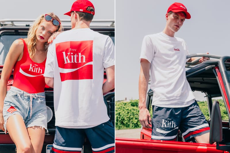 KITH Coca Cola Capsule Collection Lookbook red hoodie blue swim trunks Converse Chuck Taylor red surfboard