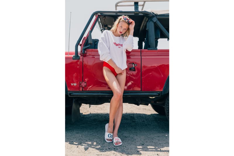 KITH Coca Cola Capsule Collection Lookbook red hoodie blue swim trunks Converse Chuck Taylor red surfboard