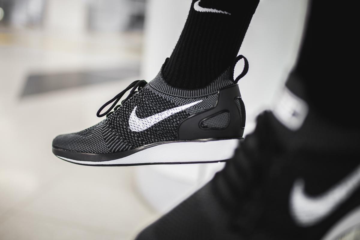 Nike Air Zoom Mariah Flyknit Racer Black White Colorway Set On Feet