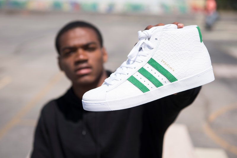 Tyshawn Jones skater skate skateboarding adidas Pro Model Vulc ADV white green snake python new york city nyc supreme street dog bulldog nico tongue stan smith