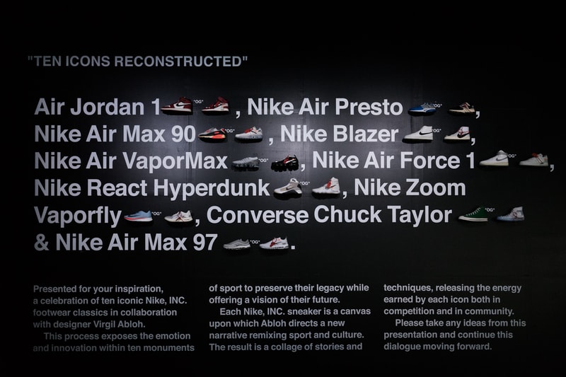 Nike OFF CAMPUS Day 1 Virgil Abloh The Ten Air Jordan 1 Air Max 90 Air Force 1 Air Vapormax Air Presto Blazer React Hyperdunk 2017 Zoom Vaporfly Chuck Taylor Air Max 97