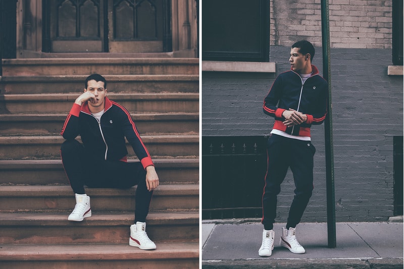 Puma Clyde Mid Foil Leather white model sitting on stoop
