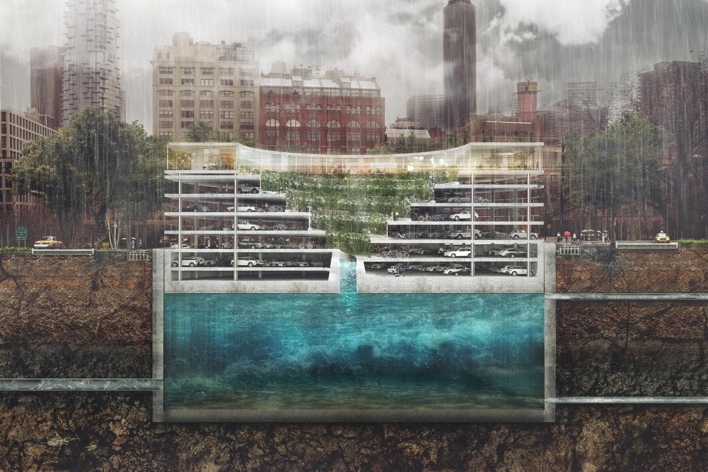 THIRD NATURE Parking Structure garage City Urban Green Space Flooding Prevention plants POP-UP water reservoir cars