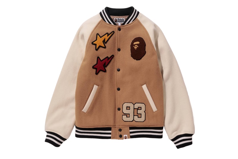 BAPE Varsity Jacket Beige Red Black