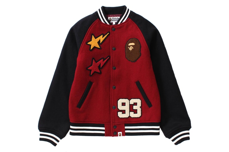 BAPE Varsity Jacket Beige Red Black