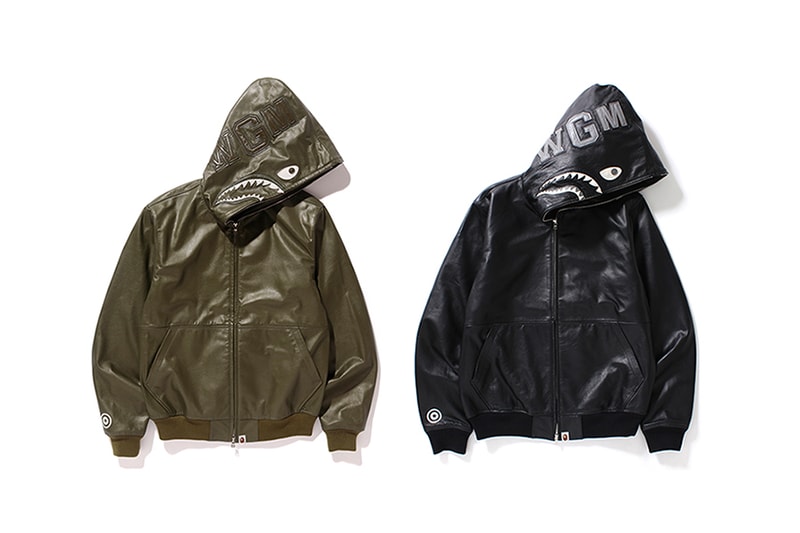 BAPE A Bathing Ape Leather Shark Hoodie Olive Black