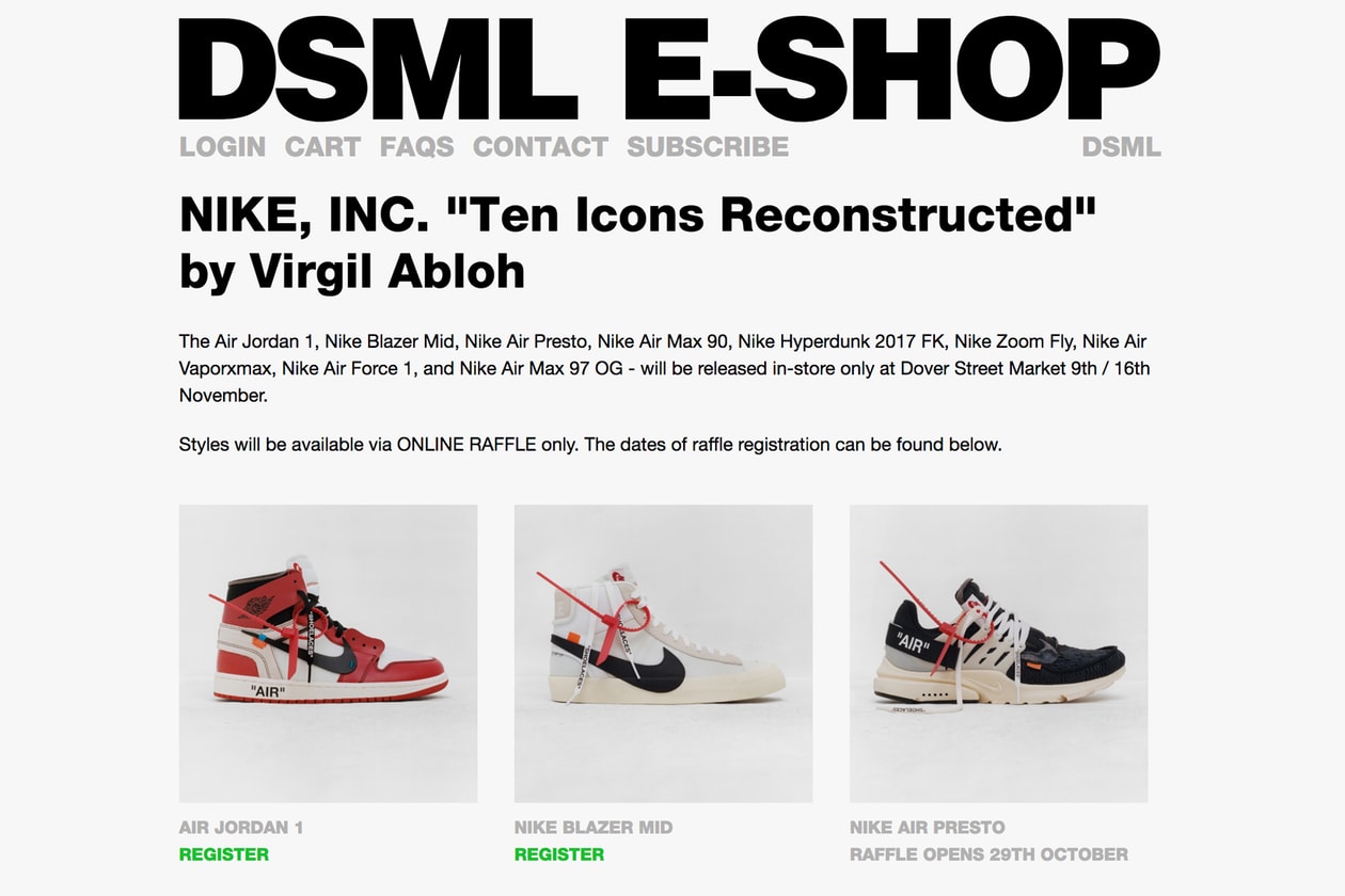 Virgil Abloh Nike The Ten Collection Jordan Brand Raffle Raffles Locations Release Info Dates Drops Footwear Sneakers Shoes Air Jordan 1 Blazer Air Max 90 97 VaporMax Hyperdunk 2017 Zoomfly Presto Air Force 1