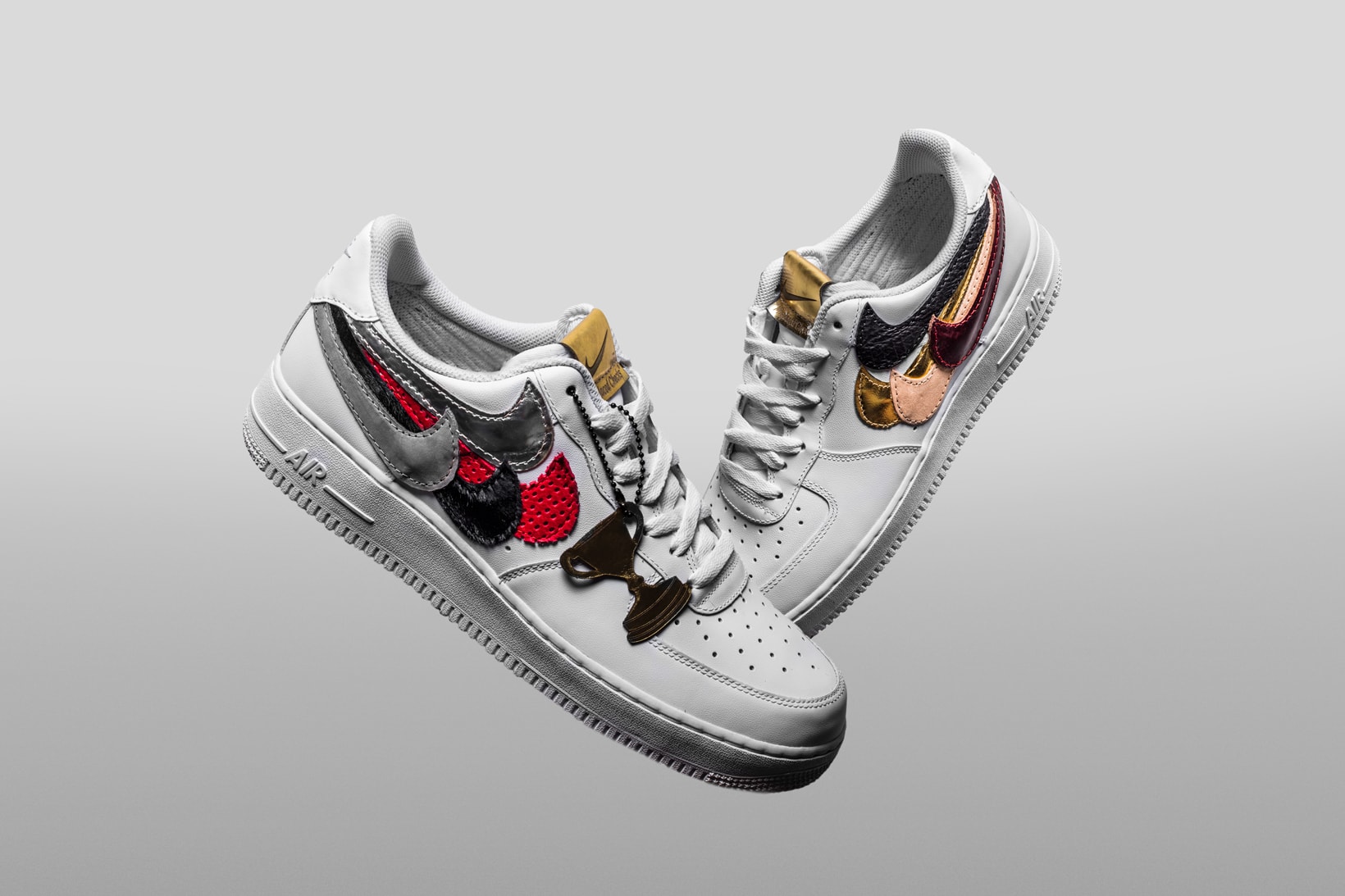 John Geiger The Shoe Surgeon Misplaced Checks Nike Air Force 1 low white swoosh high horween pony leather nubuck suede shark gold