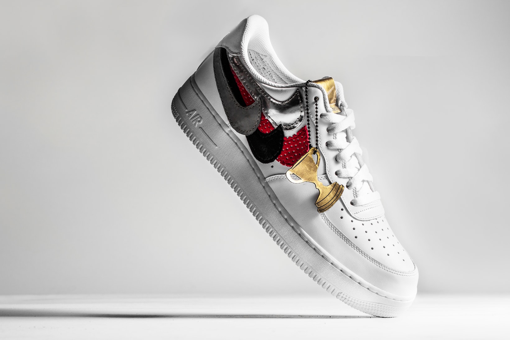 John Geiger The Shoe Surgeon Misplaced Checks Nike Air Force 1 low white swoosh high horween pony leather nubuck suede shark gold