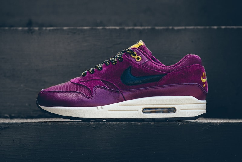 Nike Air Max 1 Premium Bordeaux Desert Moss 2017 October Release Date Info Sneakers Shoes Footwear maroon purple black yellow gold