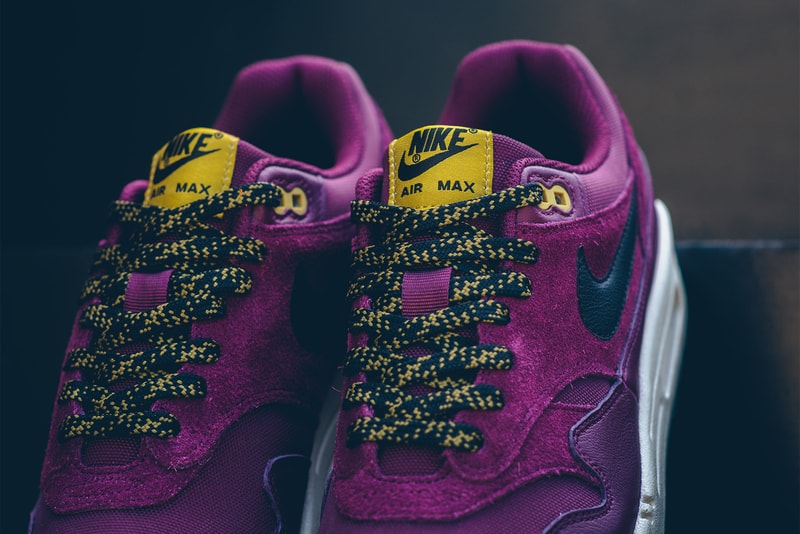 Nike Air Max 1 Premium Bordeaux Desert Moss 2017 October Release Date Info Sneakers Shoes Footwear maroon purple black yellow gold