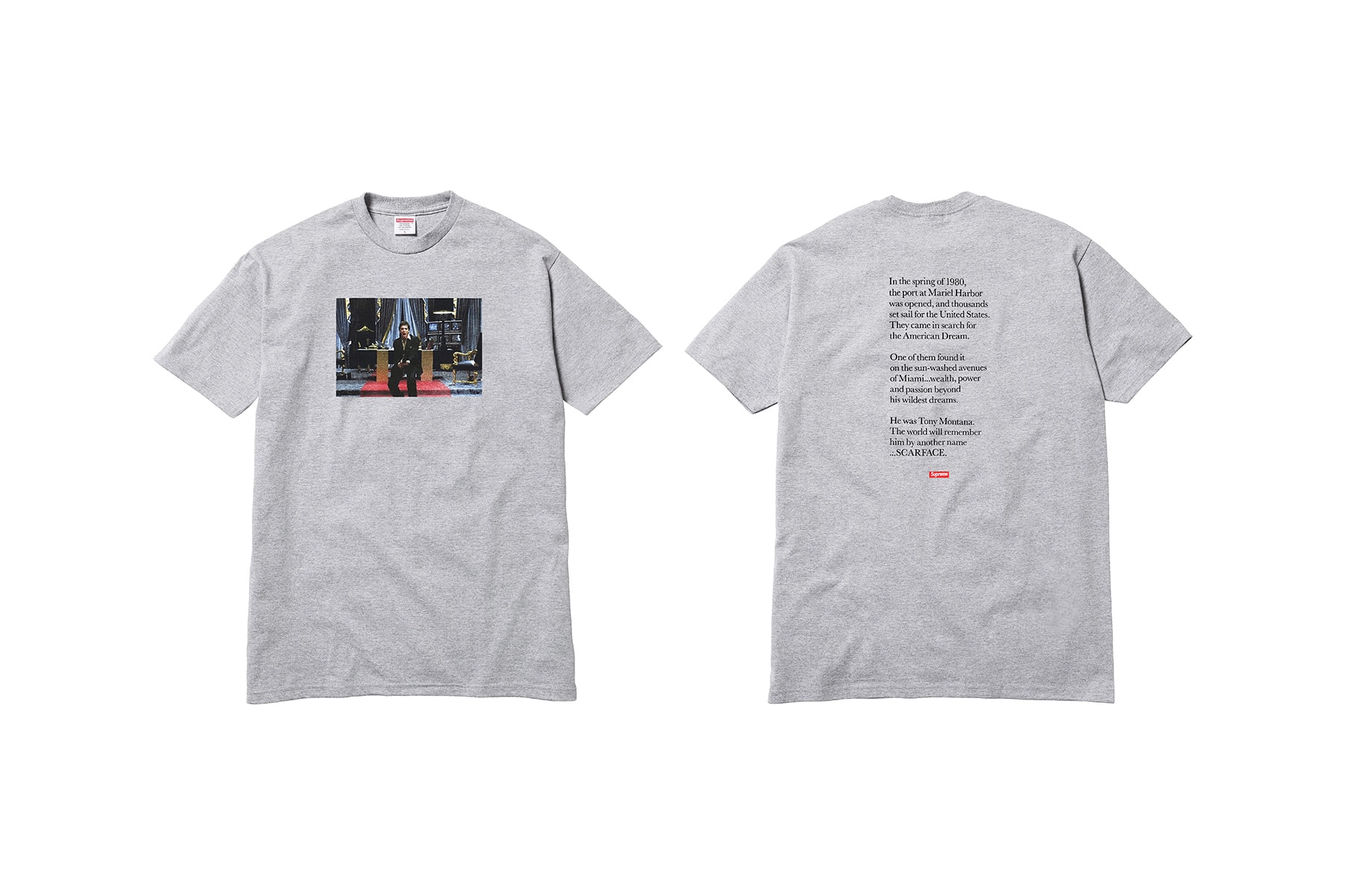 Supreme Scarface Grey T-Shirt Say Hello to My Little Friend Print