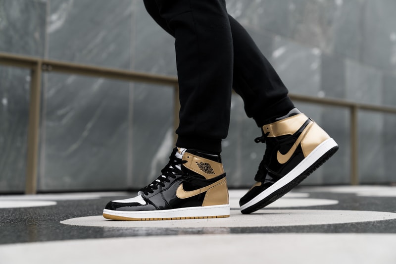Air Jordan 1 Top 3 union complex con union LA nike Jordans Top three all patent leather gold sneaker shoes on-feet gold top three style jordan 1 High OG energy