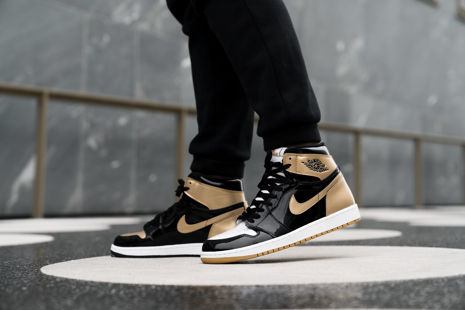 Air Jordan 1 Top 3 union complex con union LA nike Jordans Top three all patent leather gold sneaker shoes on-feet gold top three style jordan 1 High OG energy