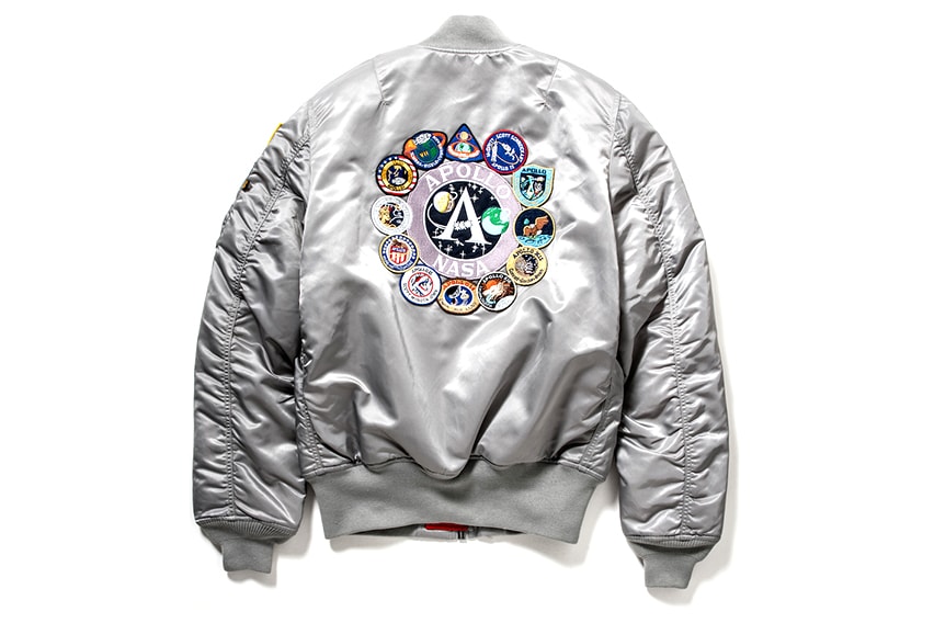 Alpha Industries MA 1 Tight Apollo Bomber Jacket nasa space metallic silver program patches patch patchwork bomber jacket coat