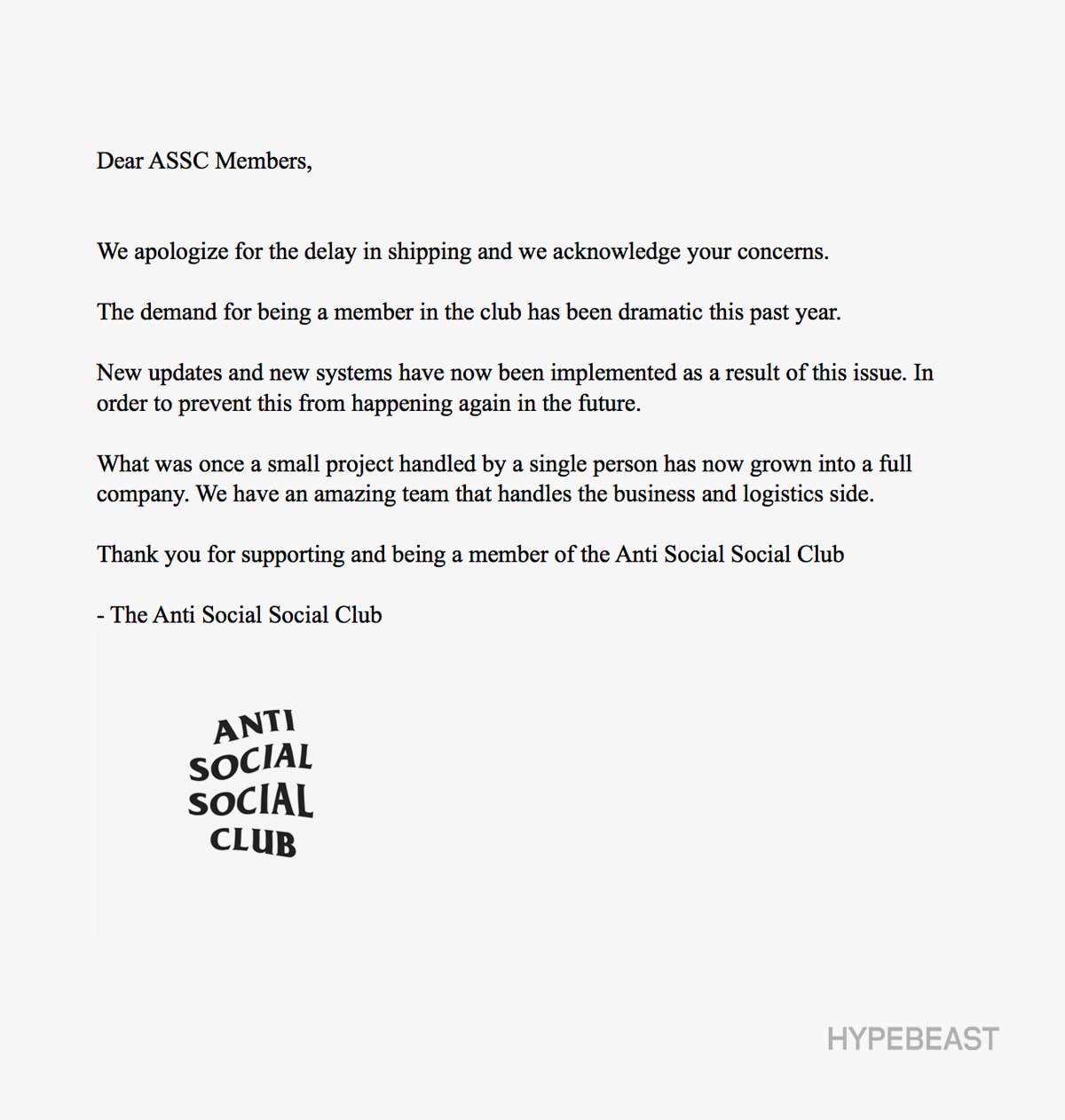 Anti Social Social Club Official Apology Letter Statement Shipping Delays