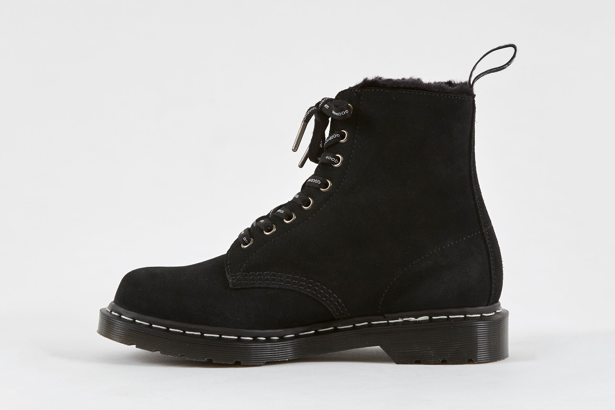Goodhood Dr. Martens 8-Hole Boot Black Colorway Suede Outer Faux Fur Lined Shoe