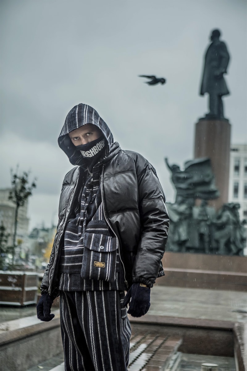 NEIGHBORHOOD 2017 Fall Winter Editorial GRIND Magazine Moscow Japan Styling Shearling Jacket Jeans Patches Overall Logo Neck Warmer Baseball Jacket