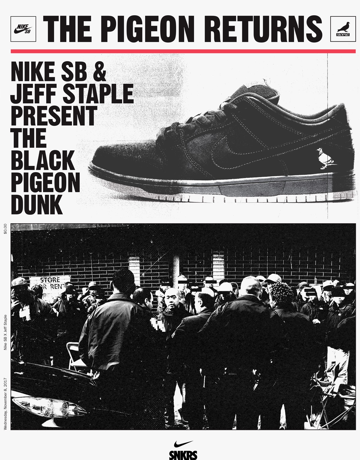 Nike SB Dunk Low Black Pigeon Release SNKRS Jeff Staple Newspaper