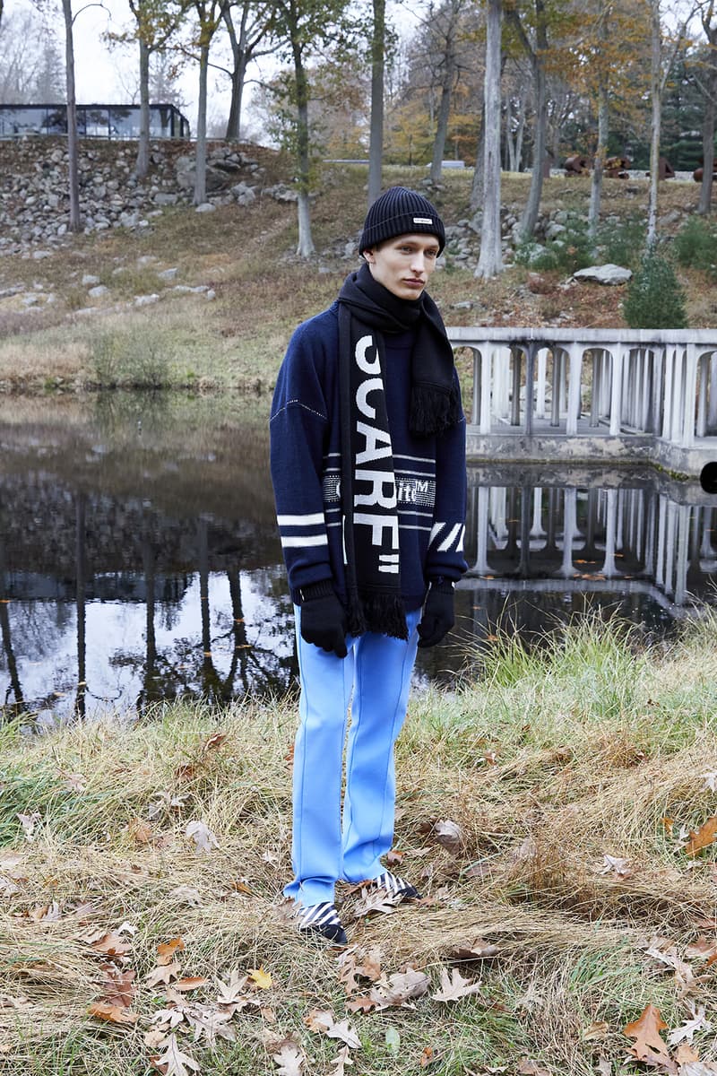 OFF WHITE 2018 Pre Fall House Hunting Collection Lookbook Virgil Abloh April Release Date Info Drop Release Suit Beret Sneaker Suit Jumpsuit Logo Scarf Jacket Bomber Bag Belt Sweater Sandal Slide Tie