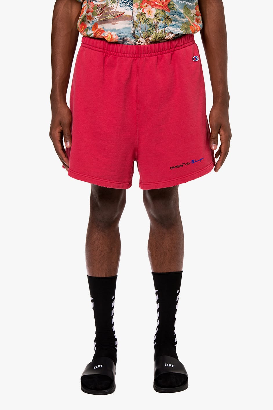off white champion red shorts