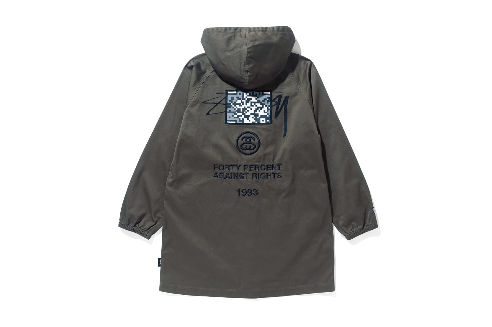 Stussy FORTY PERCENTS AGAINST RIGHTS Parka FPAR 2017 Fall Winter Olive Drab Green Collaboration November Release Date Info pop-up collaboration qr code isetan shinjuku embroidery Japan Tetsu Nishiyama