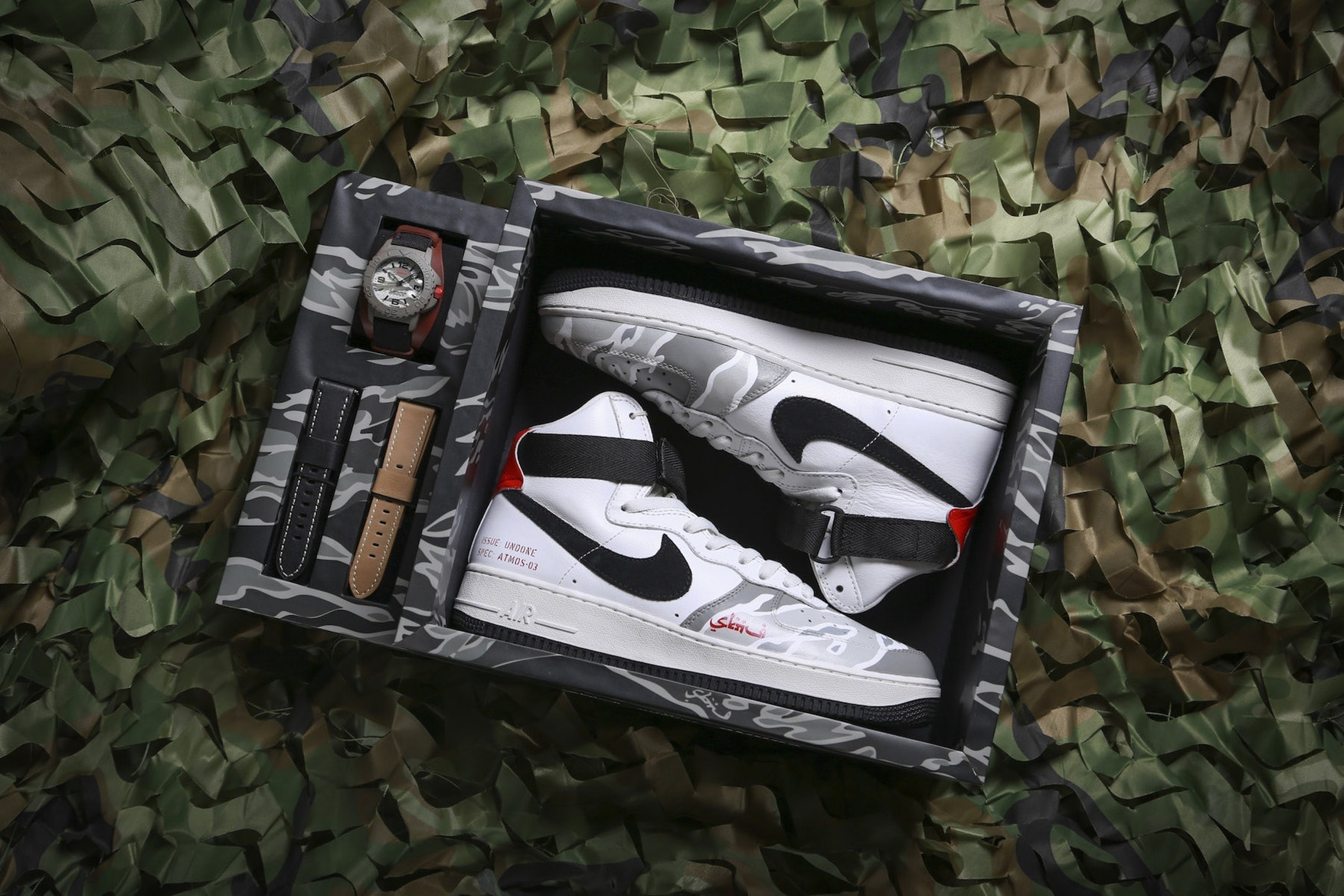 UNDONE SBTG atmos Nike Air Force 1 High Watch Camo Camouflage 2017 November 11 12 Release Date Info Sneakers Shoes Footwear Strap Band Custom Limited Drop CON