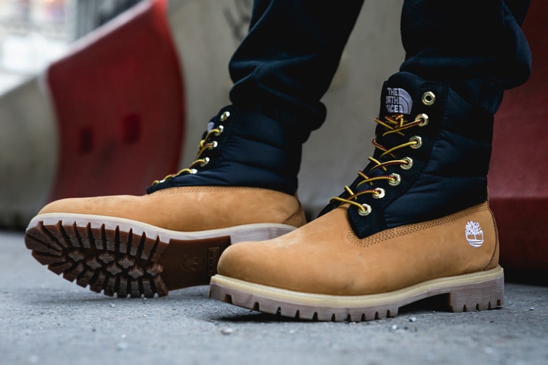 The North Face Timberland 2017 Fall Winter Collaboration Release Drop Nuptse Jacket Nubuck Branding Logos 6 inch boot down puffer black wheat hood removable