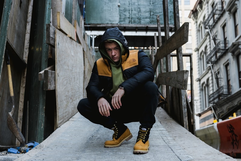 The North Face Timberland 2017 Fall Winter Collaboration Release Drop Nuptse Jacket Nubuck Branding Logos 6 inch boot down puffer black wheat hood removable