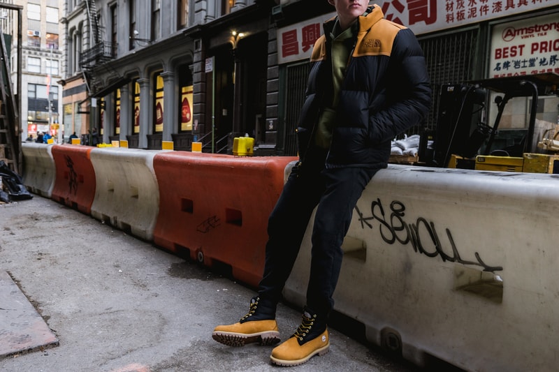 The North Face Timberland 2017 Fall Winter Collaboration Release Drop Nuptse Jacket Nubuck Branding Logos 6 inch boot down puffer black wheat hood removable