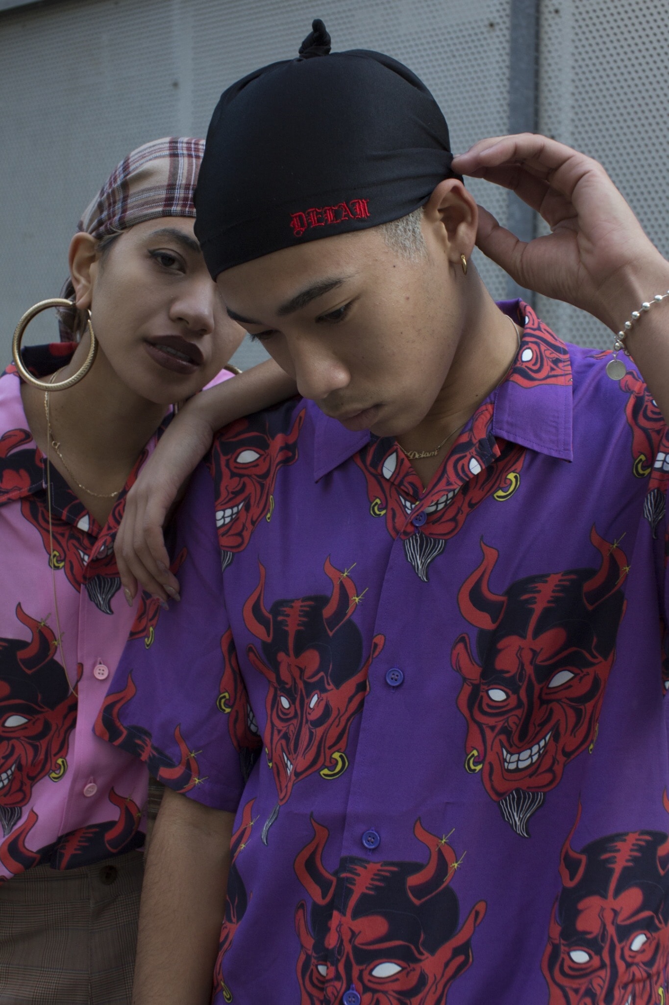 DELAM Spring/Summer 2018 Lookbook japan new york streetwear headwrap du-rag skullcap oni folklore purple pink