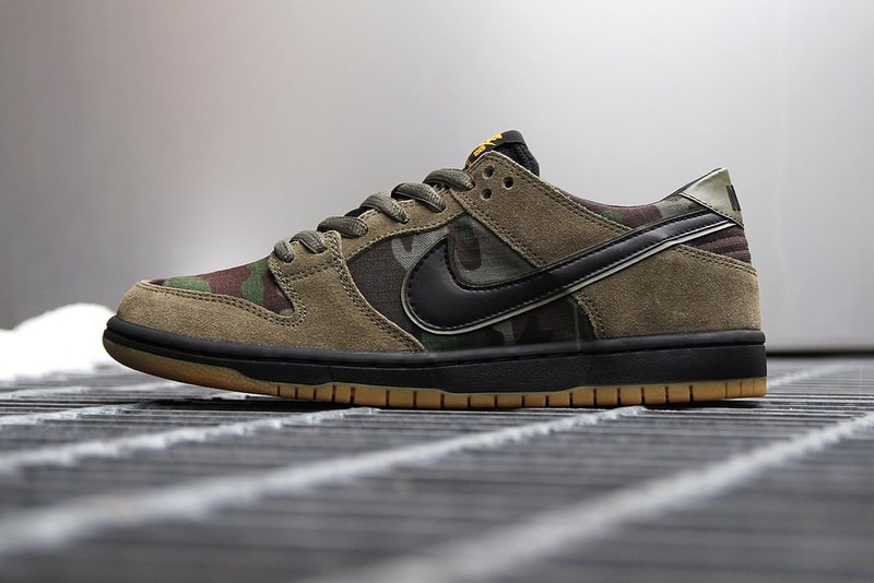 Nike SB Dunk Low Pro Camo Medium Olive Black Gum Camouflage 2017 December 20 Release Date Info Sneakers Shoes Footwear Premier Woodland military ripstop armed forces