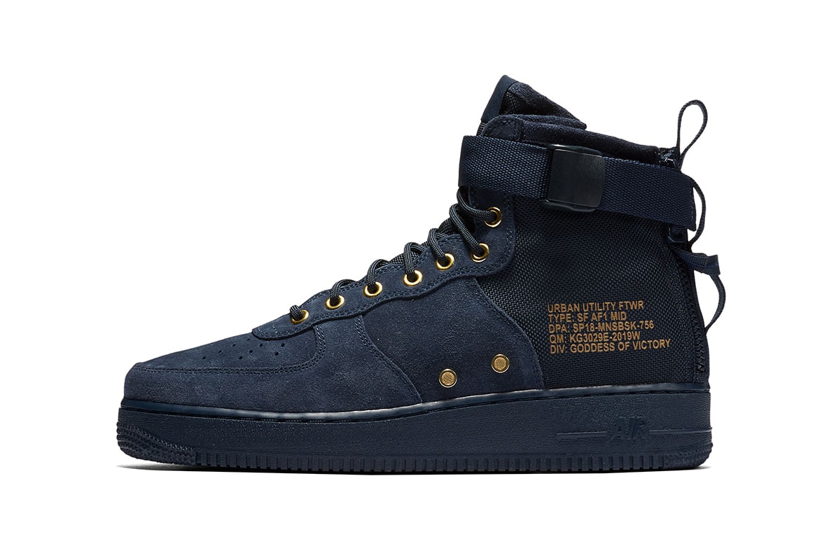 Nike SF AF1 Mid Obsidian Suede Navy Blue Gold Air Force 1 2017 December Release Date Info Sneakers Shoes Footwear
