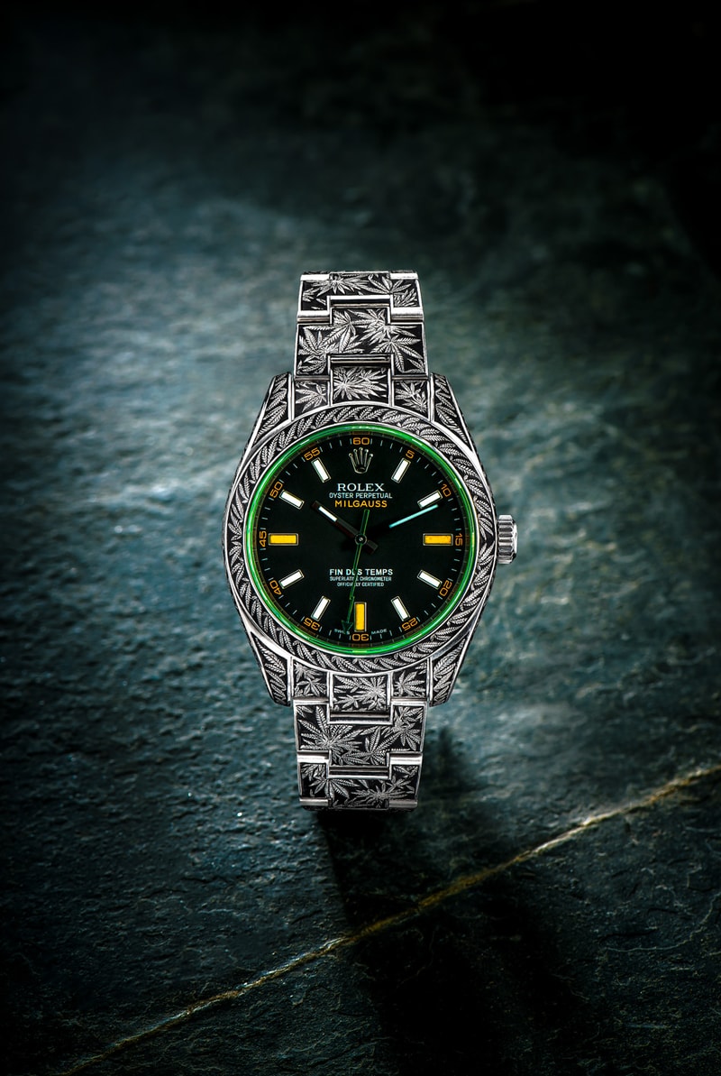 Rolex Oyster Perpetual Milgauss Cannabis Weed Marijuana Custom Timepieces Watches Third Eye Assembly Handmade Engraving