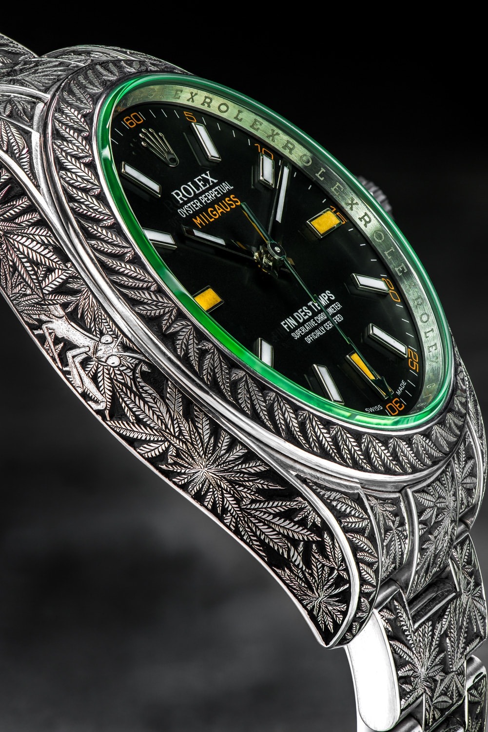 Rolex Oyster Perpetual Milgauss Cannabis Weed Marijuana Custom Timepieces Watches Third Eye Assembly Handmade Engraving