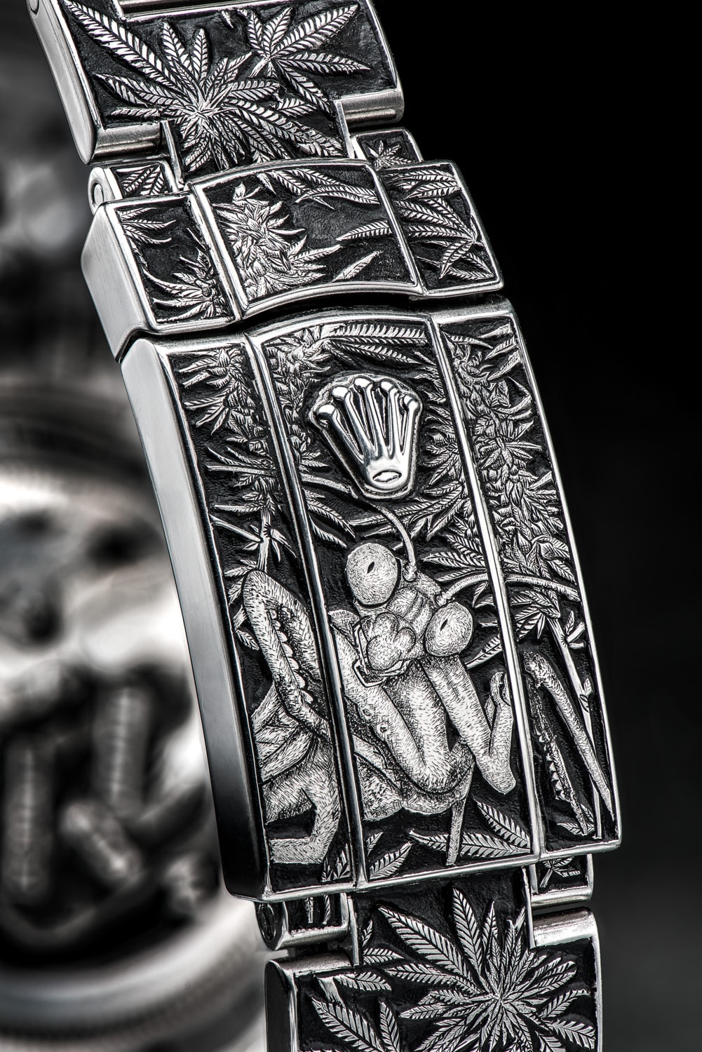 Rolex Oyster Perpetual Milgauss Cannabis Weed Marijuana Custom Timepieces Watches Third Eye Assembly Handmade Engraving