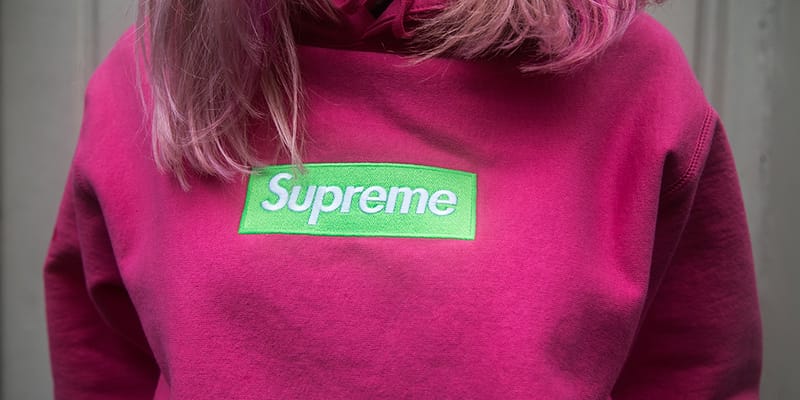 supreme box logo hoodie pink and green