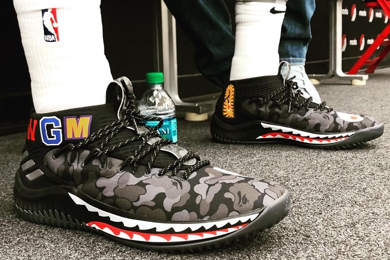 BAPE adidas Dame 4 on foot black camo footwear