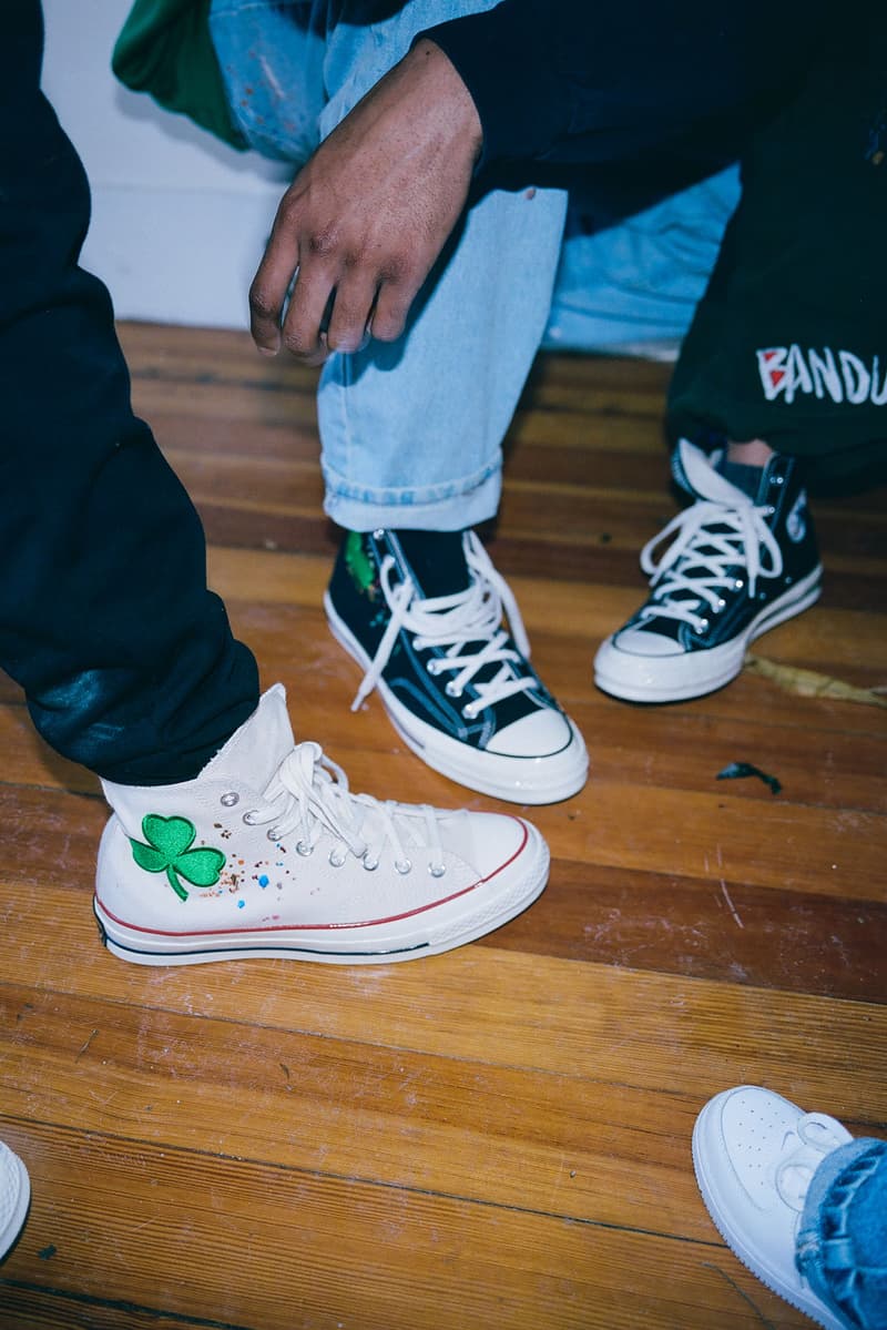 Bandulu Street Couture Converse Chuck Taylor All Star 70 Pat Peltier Essentials Ode to Boston Embroidered Handmade Handstitched Signed Boston Celtics Three Leaf Clover White Black