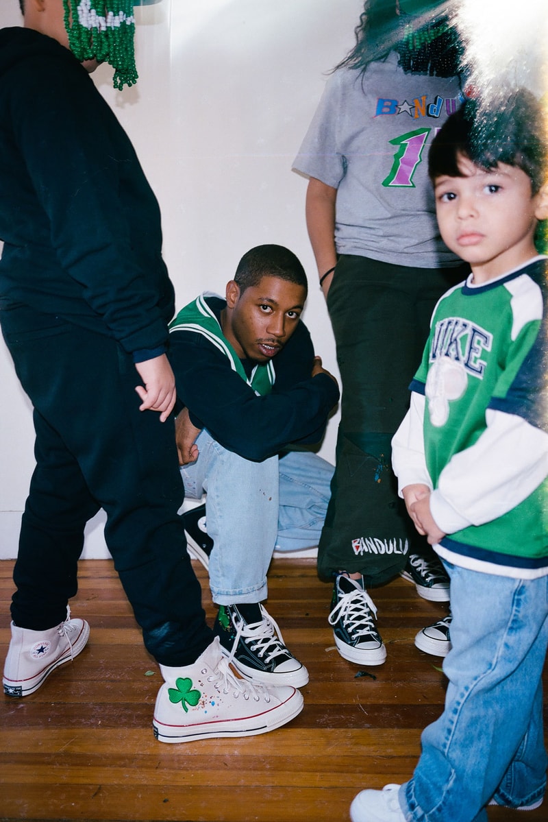 Bandulu Street Couture Converse Chuck Taylor All Star 70 Pat Peltier Essentials Ode to Boston Embroidered Handmade Handstitched Signed Boston Celtics Three Leaf Clover White Black