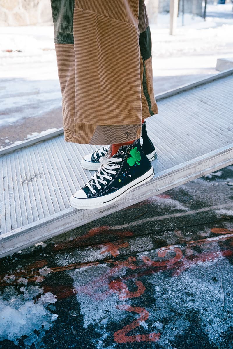 Bandulu Street Couture Converse Chuck Taylor All Star 70 Pat Peltier Essentials Ode to Boston Embroidered Handmade Handstitched Signed Boston Celtics Three Leaf Clover White Black