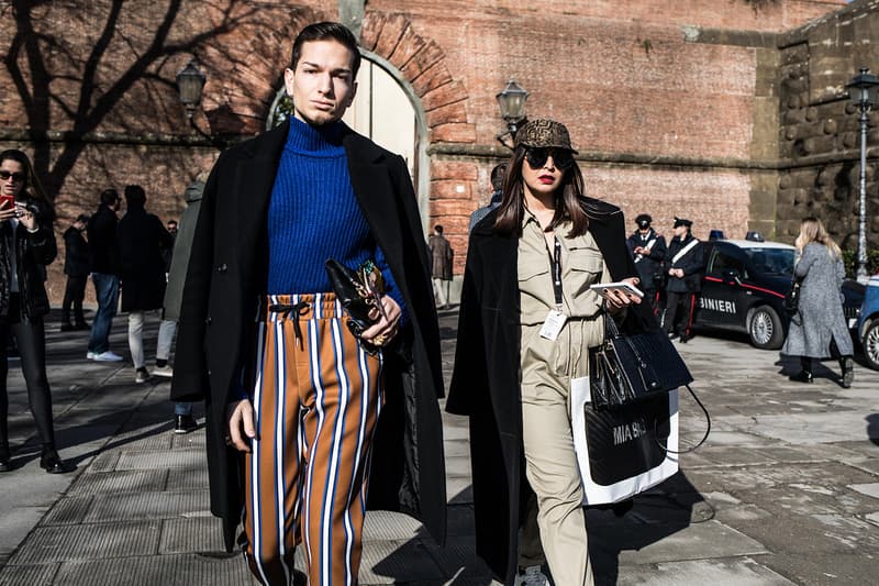 Pitti Uomo 93 Fall/Winter 2018 Streetsnaps Balenciaga, Off-White™ Raf Simons Gucci Louis Vuitton Supreme BAPE Balenciaga Triple S YEEZY Wave Runner 700 Gucci Rhyton  J.W.Anderson "Glitter_Gutter" Converse Vetements Reebok Virgil Abloh's The Ten