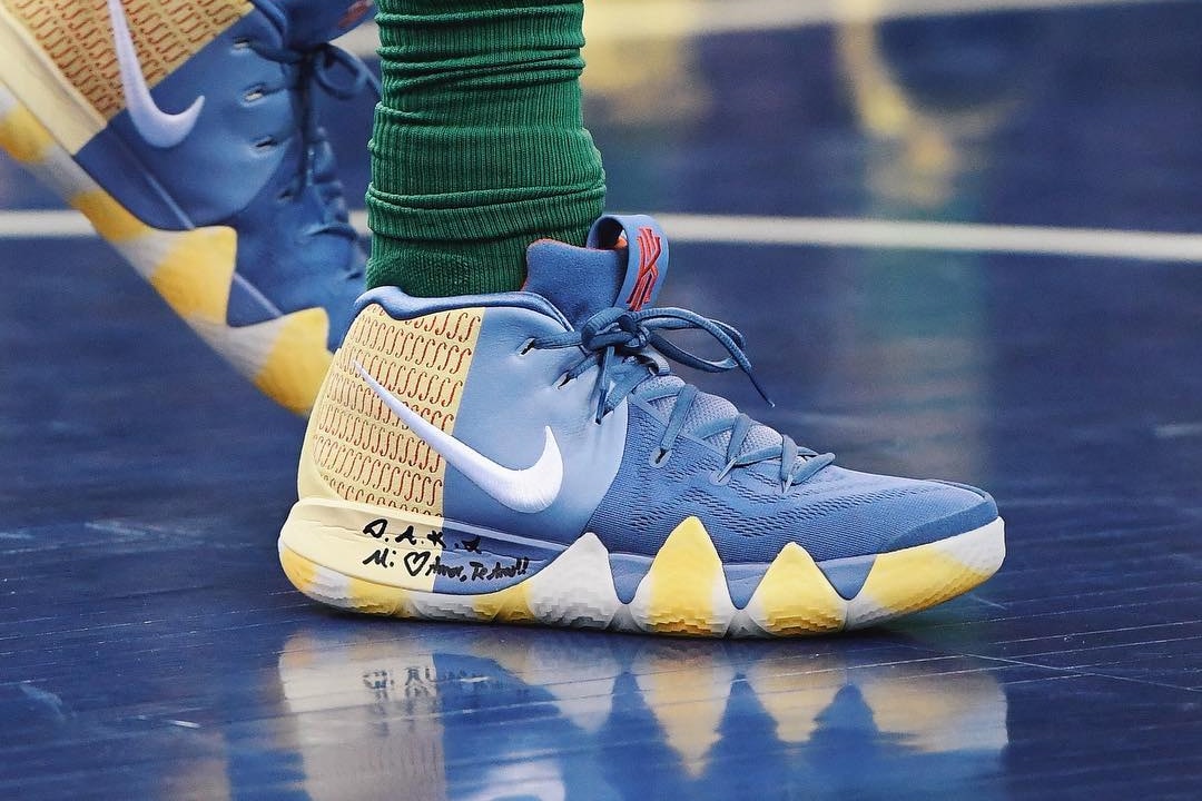 Kyrie Irving Nike Kyrie 4 PE Blue Yellow White London Basketball Game The O2