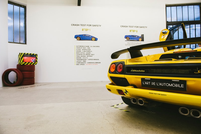 Arthur Kar L Art De L Automobile Crash Test Exhibition Lamborghini Diablo Cars Signs Yellow